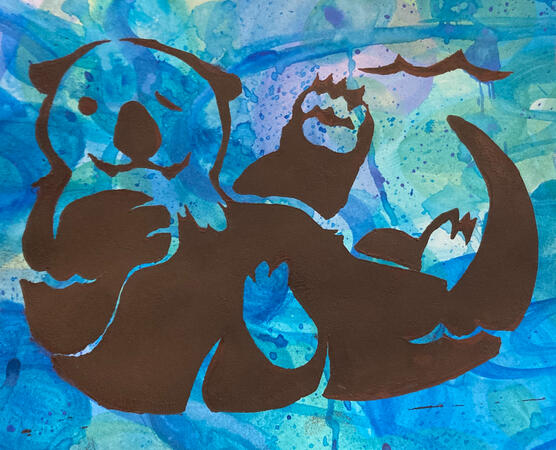 otter, carved on linoleum and ink printed on watercolor