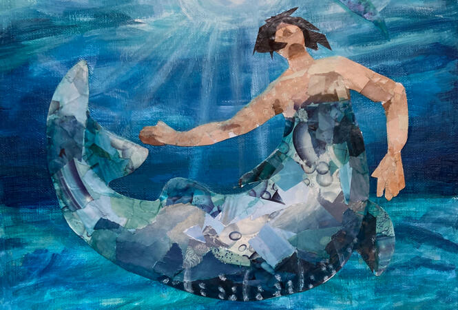 whale shark mermaid - exploration of paint with magazine collage